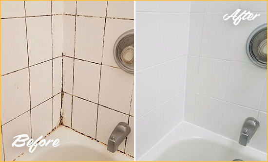 Picture of a White Tile and Tub with Moldy Joints Before and After a Tile Recaulking Service