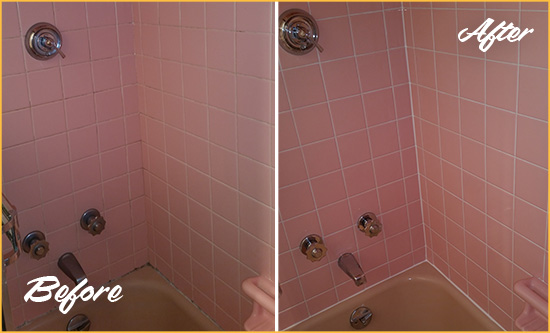 Picture of a Pink Tub and Shower with Moldy Caulking Before and After a Tub Recaulking