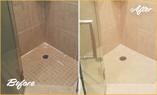 Before and After Picture of a Grout Caulking on a Porcelain Tile Shower