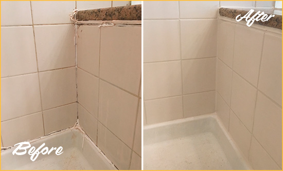 Before and After Picture of Grout Recaulking on the Shower Joints