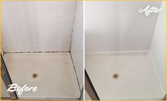 Picture of a White Shower with Moldy Grout and Caulking Before and After a Caulking Service