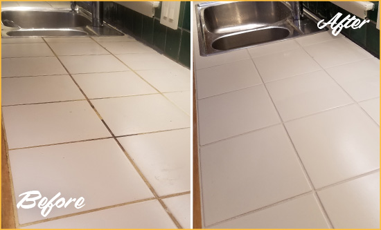 Sir Grout Sealed the Grout in This Kitchen Countertop to Repel Water and Grease Before and After of Grout Sealing on a Kitchen Countertop