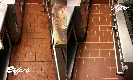 Before and After Picture of a Paso Robles Restaurant Kitchen Tile and Grout Cleaned to Eliminate Dirt and Grease Build-Up