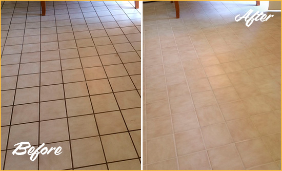 Before and After Picture of a Creston Kitchen Tile and Grout Cleaned to Remove Embedded Dirt