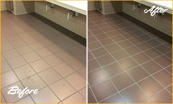 Before and After Picture of a New Cuyama Restrooms Tile and Grout Cleaned to Remove Embedded Dirt