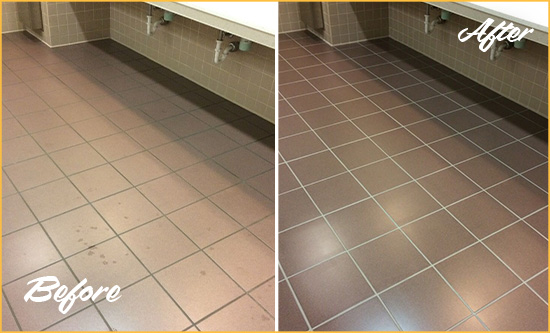 Before and After Picture of a Lompoc Restrooms Tile and Grout Cleaned to Remove Embedded Dirt