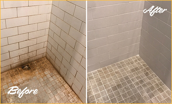 Before and After Picture of a Santa Maria Shower Tile and Grout Cleaned to Eliminate Mold and Stains