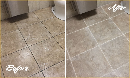 Before and After Picture of a Los Alamos Restroom Tile and Grout Cleaned to Remove Soil