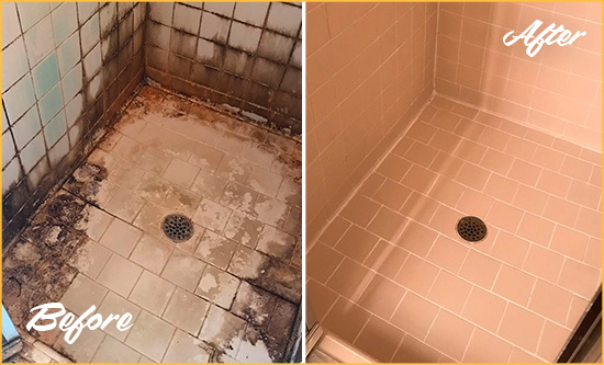 Before and After Picture of a Santa Margarita Shower Tile and Grout Cleaned to Repair Water Damage