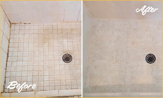 Before and After Picture of a Morro Bay Shower Caulked to Fix Cracks