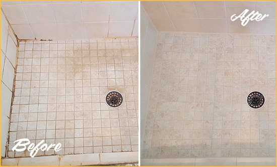 Before and After Picture of a San Luis Obispo Shower Caulked to Fix Cracks