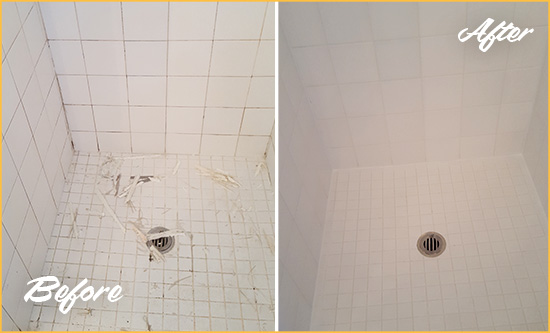 Before and After Picture of a Pismo Beach Bathroom Re-Caulked To Repair Damaged Caulking