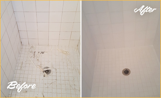 Before and After Picture of a San Luis Obispo Bathroom Re-Caulked To Repair Damaged Caulking