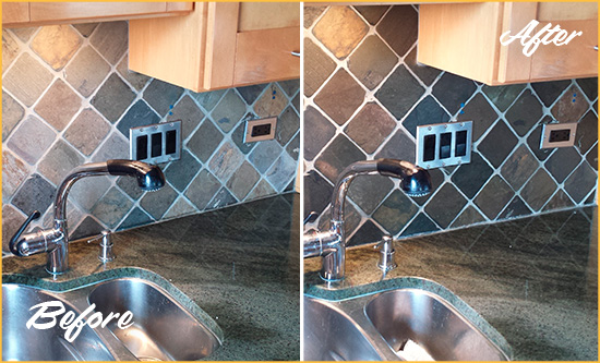 Before and After Picture of a Lompoc Backsplash Caulked to Fix and Prevent Water Leaks