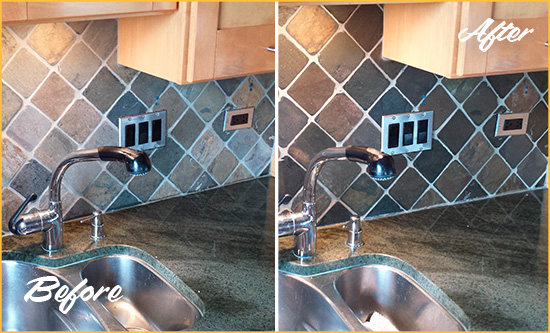 Before and After Picture of a San Luis Obispo Backsplash Caulked to Fix and Prevent Water Leaks