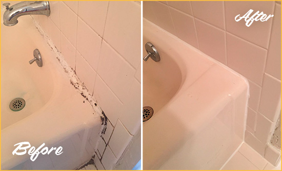 Before and After Picture of a San Luis Obispo Bathroom Sink Caulked to Fix a DIY Proyect Gone Wrong