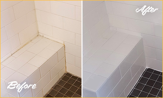 Before and After Picture of a San Luis Obispo Shower Seat Caulked to Protect Against Mold and Mildew Growth
