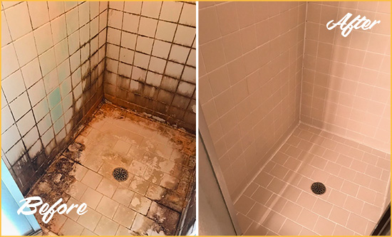 Before and After Picture of a Pismo Beach Shower Caulked to Fix and Prevent Water Damage