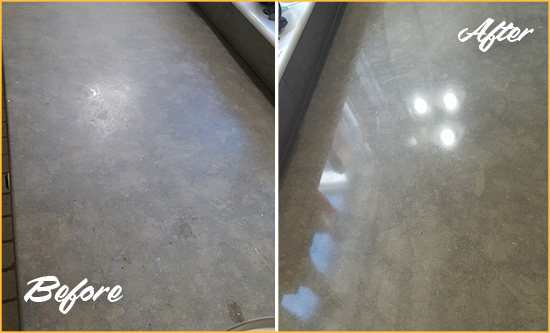 Before and After Picture of a Dull Arroyo Grande Limestone Countertop Polished to Recover Its Color