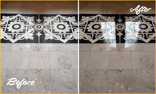 Before and After Picture of a Arroyo Grande Marble Stone Floor Polished to a Mirror Shine