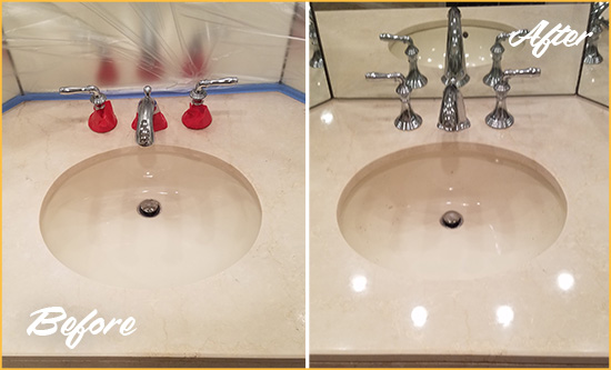 Before and After Picture of a Dull Arroyo Grande Marble Stone Vanity Top Polished to Bring-Back Its Sheen
