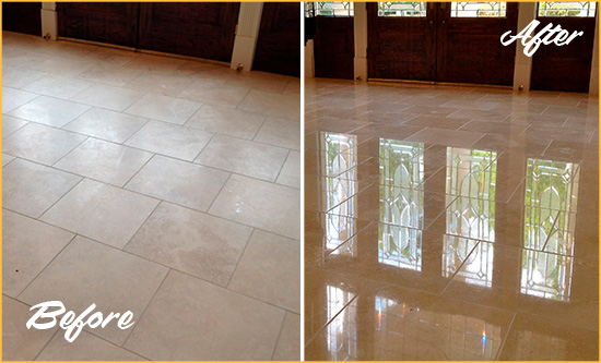 Before and After Picture of a Dull Arroyo Grande Travertine Stone Floor Polished to Recover Its Gloss