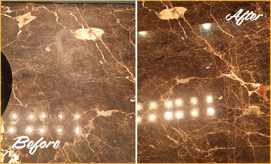 Before and After Picture of a Arroyo Grande Marble Stone Countertop Polished to Eliminate Stains