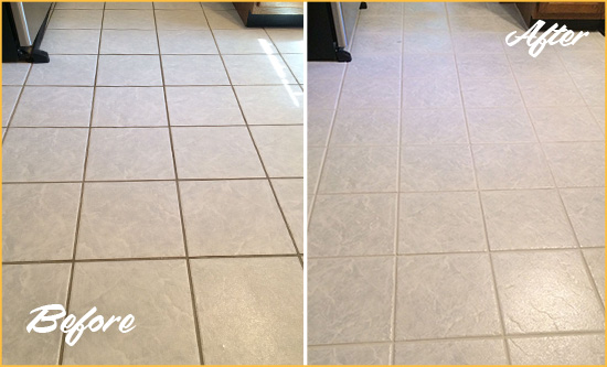 Before and After Picture of a Nipomo Kitchen Ceramic Floor Sealed to Protect From Dirt and Spills