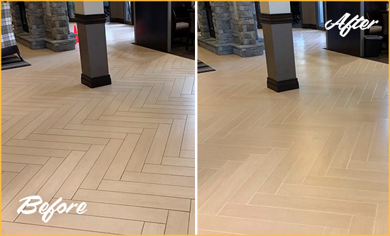 Before and After Picture of a Dirty San Simeon Ceramic Office Lobby Sealed For Extra Protection Against Heavy Foot Traffic