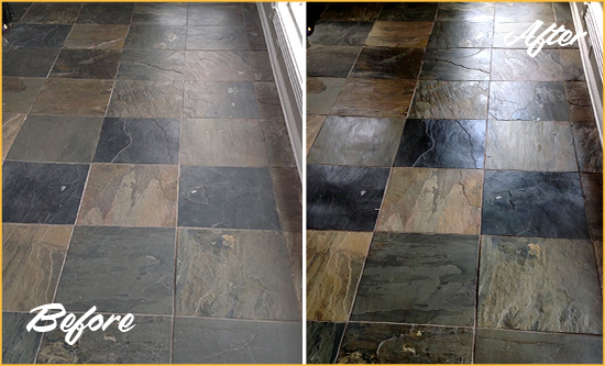 Before and After Picture of a Dull Los Osos Slate Floor Sealed to Bring Back Its Colors