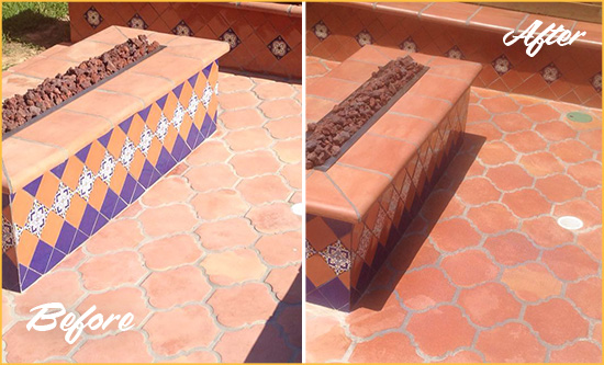 Before and After Picture of a Dull Morro Bay Terracotta Patio Floor Sealed For UV Protection