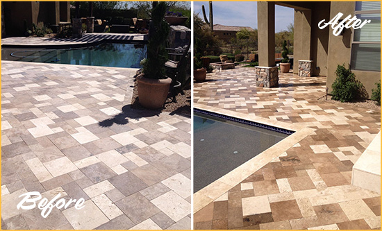 Before and After Picture of a Faded Arroyo Grande Travertine Pool Deck Sealed For Extra Protection