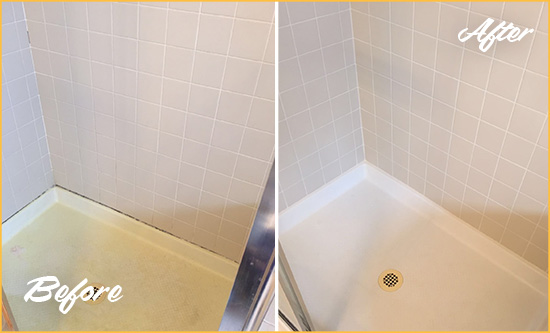 Before and After Picture of a Oceano Shower Sealed to Remove and Protect Against Mold