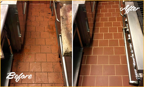 Before and After Picture of a Los Alamos Restaurant Kitchen Floor Sealed to Remove Soil