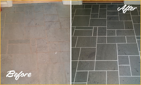 Before and After Picture of a Arroyo Grande Slate Floor Cleaned to Remove Deep-Seated Dirt