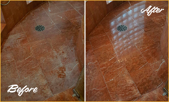 Before and After Picture of Damaged Arroyo Grande Marble Floor with Sealed Stone