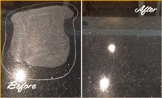 Before and After Picture of a Arroyo Grande Granite Kitchen Countertop Honed to Eliminate Scratch