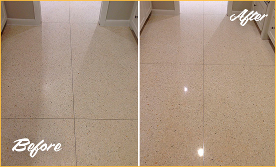 Before and After Picture of a Dull Arroyo Grande Granite Floor Honed to Recover Its Sheen
