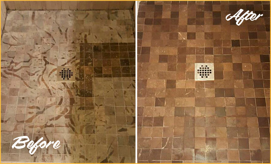 Before and After Picture of a Arroyo Grande Marble Shower Honed to Remove Etching
