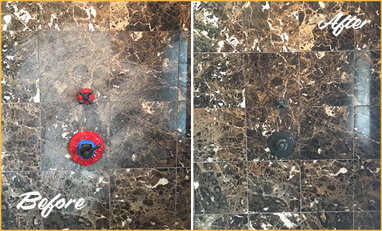 Before and After Picture of a Arroyo Grande Marble Shower Honed to Remove Scratches
