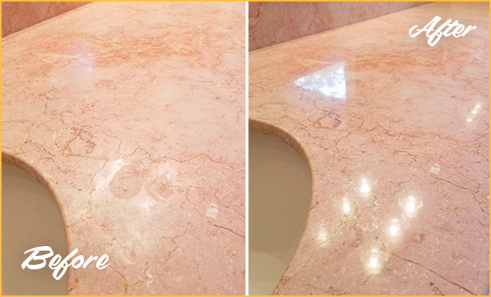 Before and After Picture of a Arroyo Grande Marble Vanity Top Honed to Eliminate Water Spots