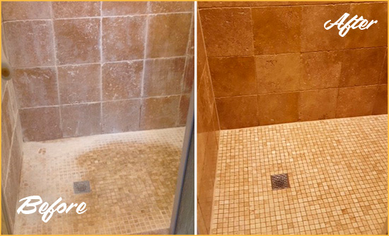 Before and After Picture of a Arroyo Grande Travertine Shower Honed to Remove Mineral Deposits