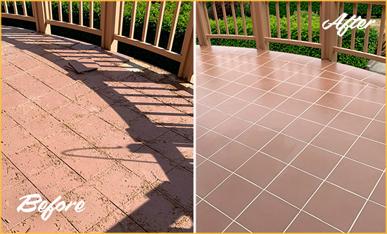 Before and After Picture of a New Cuyama Hard Surface Restoration Service on a Tiled Deck