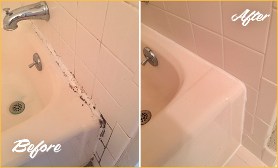 Before and After Picture of a Shandon Hard Surface Restoration Service on a Tile Shower to Repair Damaged Caulking