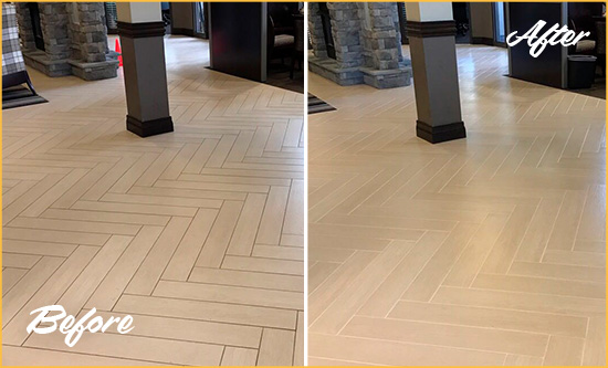 Before and After Picture of a Arroyo Grande Hard Surface Restoration Service on an Office Lobby Tile Floor to Remove Embedded Dirt