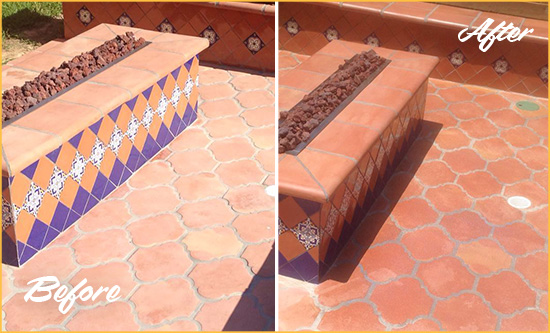 Before and After Picture of a Los Alamos Hard Surface Restoration Service on a Dull Terracotta Patio Floor to Recover Its Color