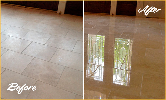 Before and After Picture of a Paso Robles Hard Surface Restoration Service on a Dull Travertine Floor Polished to Recover Its Splendor