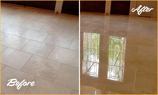 Before and After Picture of a Grover Beach Hard Surface Restoration Service on a Dull Travertine Floor Polished to Recover Its Splendor