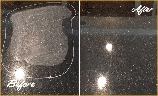 Before and After Picture of a Shandon Hard Surface Restoration Service on a Granite Countertop to Remove Scratches