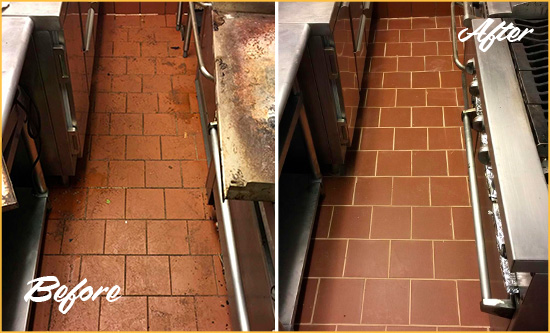 Before and After Picture of a Harmony Hard Surface Restoration Service on a Restaurant Kitchen Floor to Eliminate Soil and Grease Build-Up